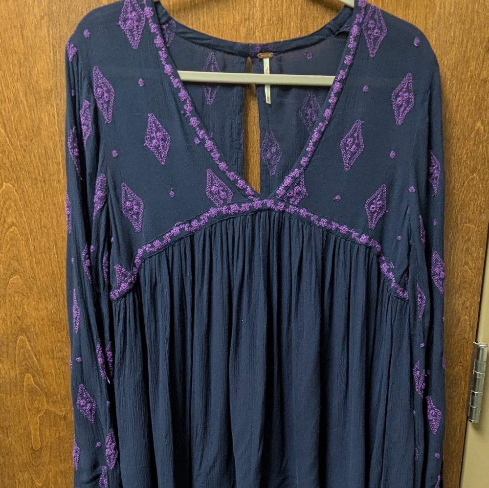 Free People Boho Embroidered Tunic XS Sheer Peasant Top Festival Cottagecore